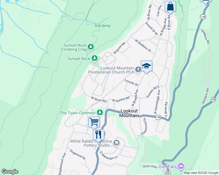 map of restaurants, bars, coffee shops, grocery stores, and more near 204 Laurel Lane in Lookout Mountain