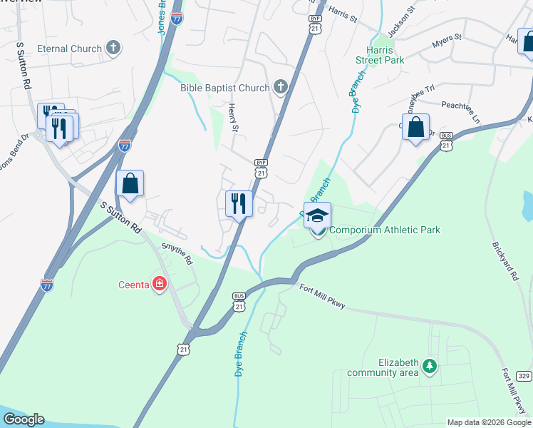 map of restaurants, bars, coffee shops, grocery stores, and more near 105 Rhett Court in Fort Mill
