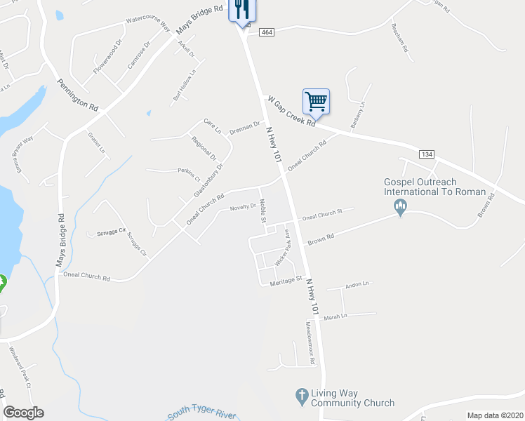 map of restaurants, bars, coffee shops, grocery stores, and more near Noble Street in Greer