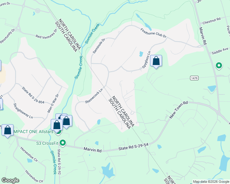 map of restaurants, bars, coffee shops, grocery stores, and more near 803 Woodland Forest Road in Waxhaw