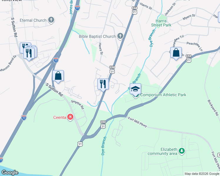 map of restaurants, bars, coffee shops, grocery stores, and more near 258 Tail Race Lane in Fort Mill