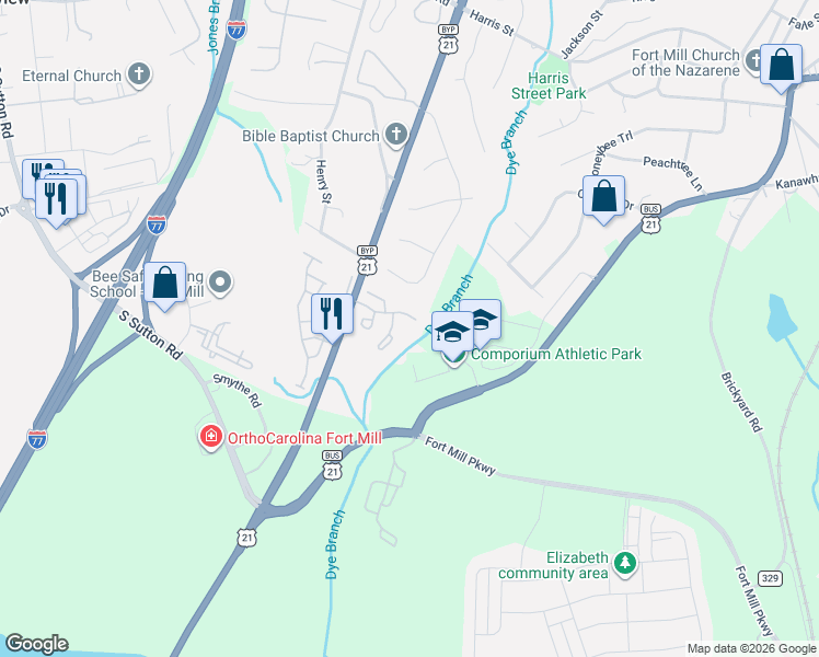 map of restaurants, bars, coffee shops, grocery stores, and more near 325 Wilkes Place Drive in Fort Mill
