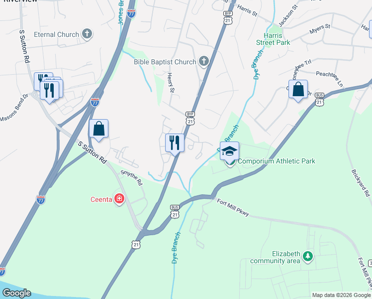 map of restaurants, bars, coffee shops, grocery stores, and more near 258 Tail Race Lane in Fort Mill