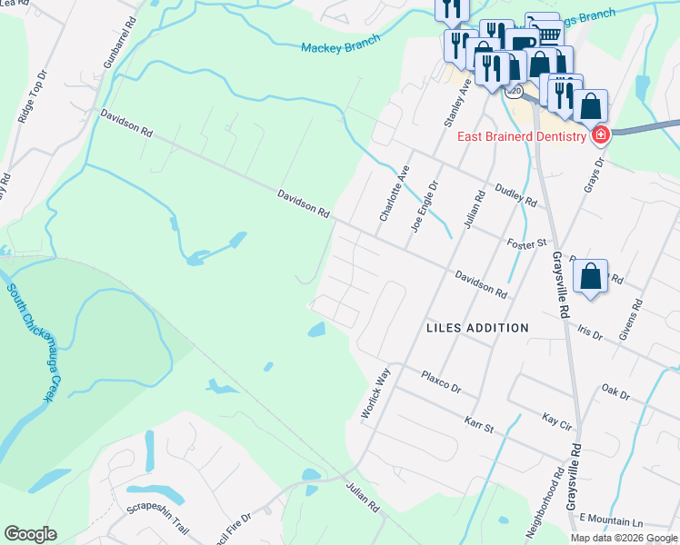 map of restaurants, bars, coffee shops, grocery stores, and more near 367 Callaway Court in Chattanooga