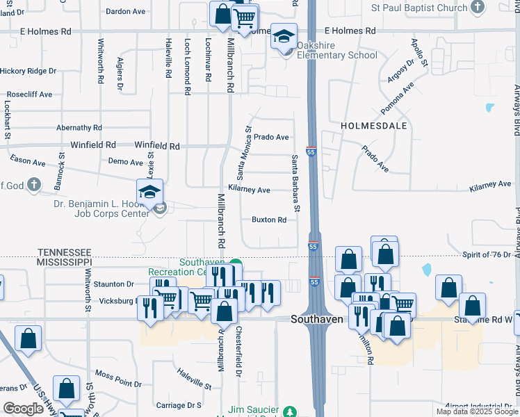 map of restaurants, bars, coffee shops, grocery stores, and more near 1740 Buxton Road in Memphis