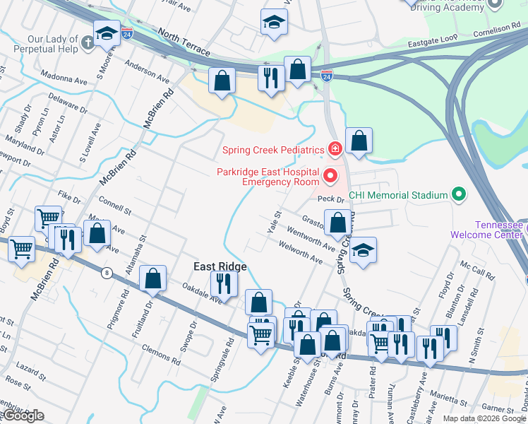 map of restaurants, bars, coffee shops, grocery stores, and more near 5808 Graston Avenue in Chattanooga