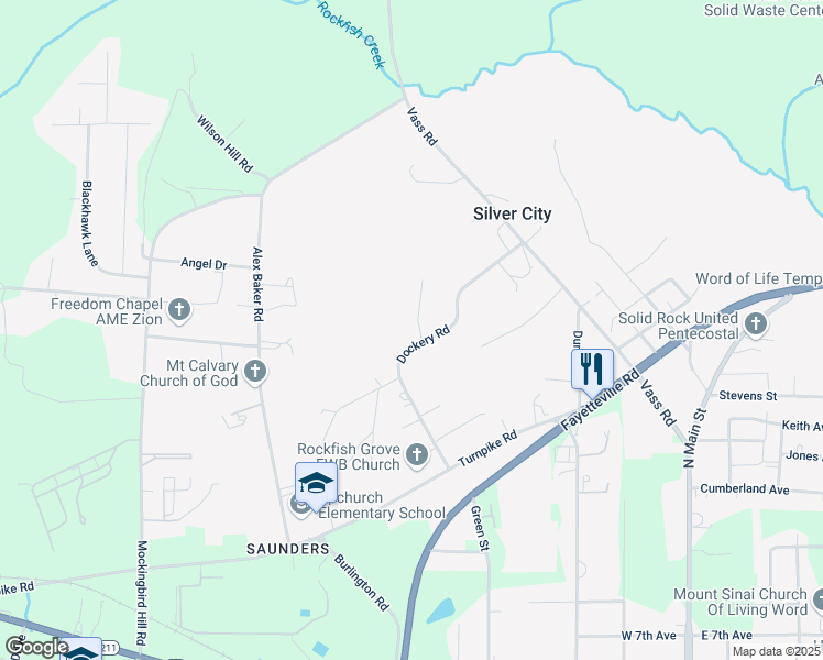 map of restaurants, bars, coffee shops, grocery stores, and more near 127 Major Evans Road in Raeford