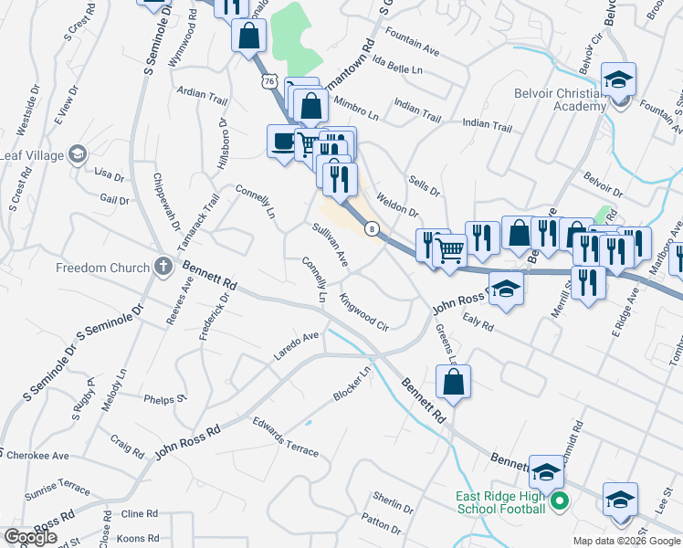map of restaurants, bars, coffee shops, grocery stores, and more near 108 Kingwood Drive in Chattanooga