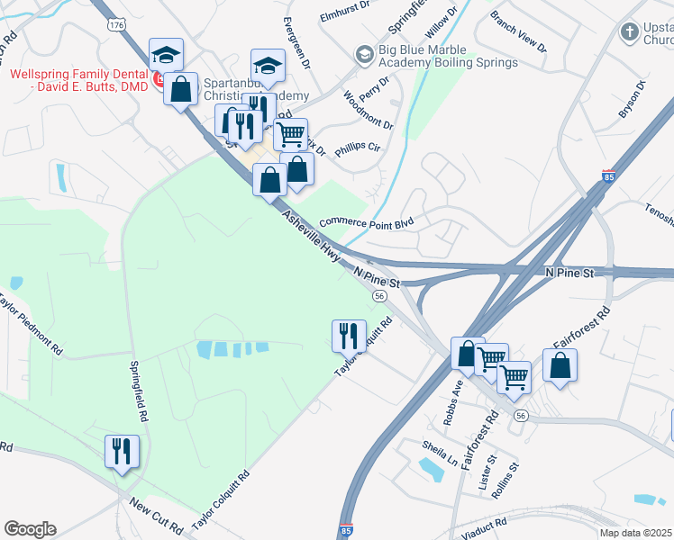 map of restaurants, bars, coffee shops, grocery stores, and more near 8299 Asheville Highway in Boiling Springs