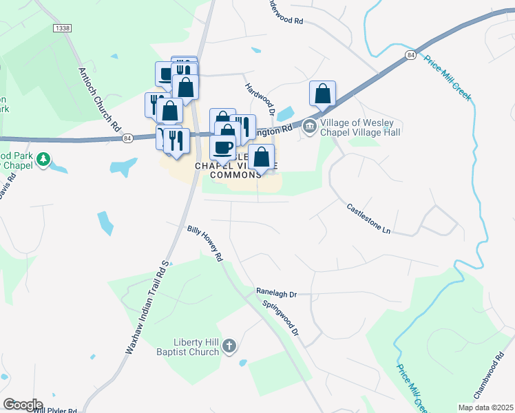 map of restaurants, bars, coffee shops, grocery stores, and more near 6519 Blackwood Lane in Waxhaw