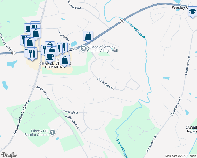 map of restaurants, bars, coffee shops, grocery stores, and more near 3005 Whisperfield Lane in Matthews