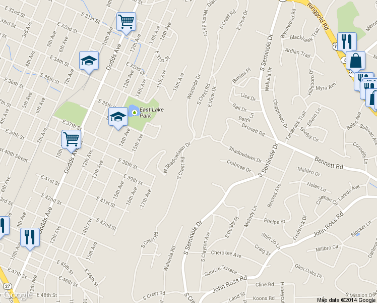 map of restaurants, bars, coffee shops, grocery stores, and more near 536 South Crest Road in Chattanooga