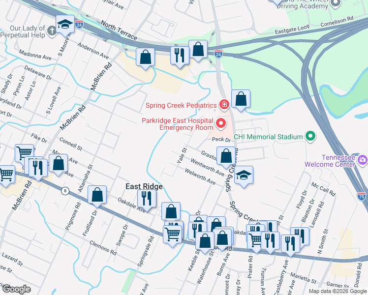 map of restaurants, bars, coffee shops, grocery stores, and more near 5808 Graston Ave in Chattanooga