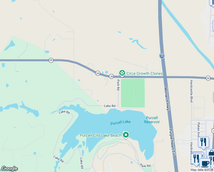 map of restaurants, bars, coffee shops, grocery stores, and more near 1602 Wyatt Road in Purcell