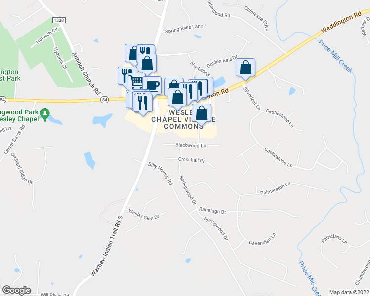 map of restaurants, bars, coffee shops, grocery stores, and more near 6609 Blackwood Lane in Waxhaw