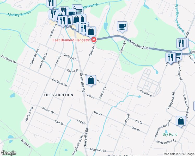 map of restaurants, bars, coffee shops, grocery stores, and more near 1000 Stone Ledge Lane in Chattanooga