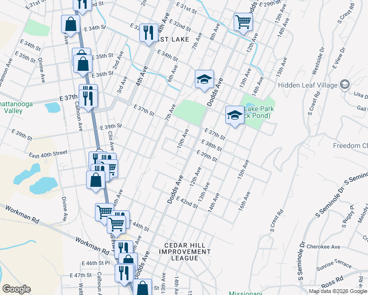 map of restaurants, bars, coffee shops, grocery stores, and more near 3806 10th Avenue in Chattanooga