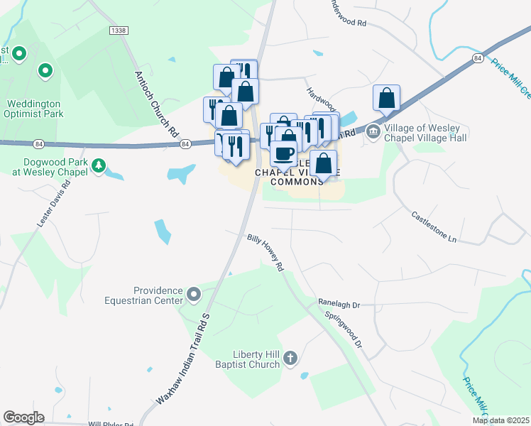 map of restaurants, bars, coffee shops, grocery stores, and more near 6715 Blackwood Lane in Waxhaw