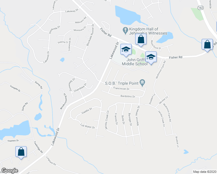 map of restaurants, bars, coffee shops, grocery stores, and more near 2801 Franciscan Drive in Fayetteville