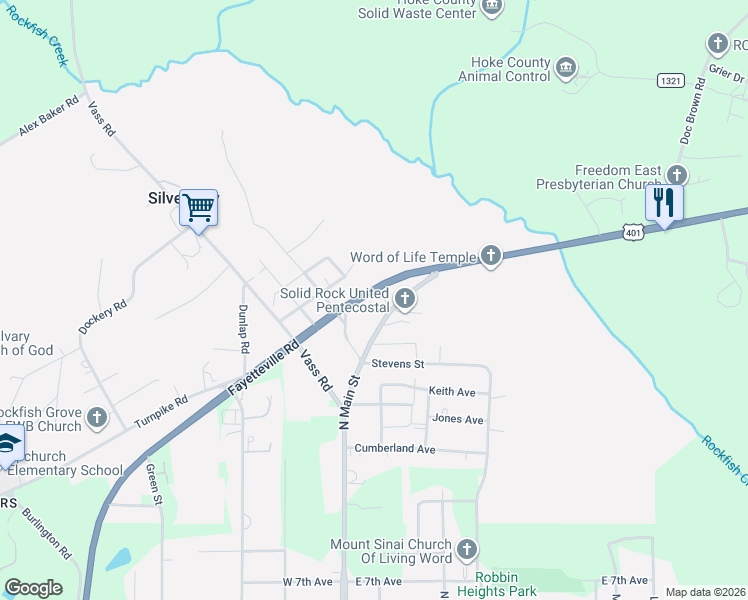 map of restaurants, bars, coffee shops, grocery stores, and more near 1618 Fayetteville Road in Raeford