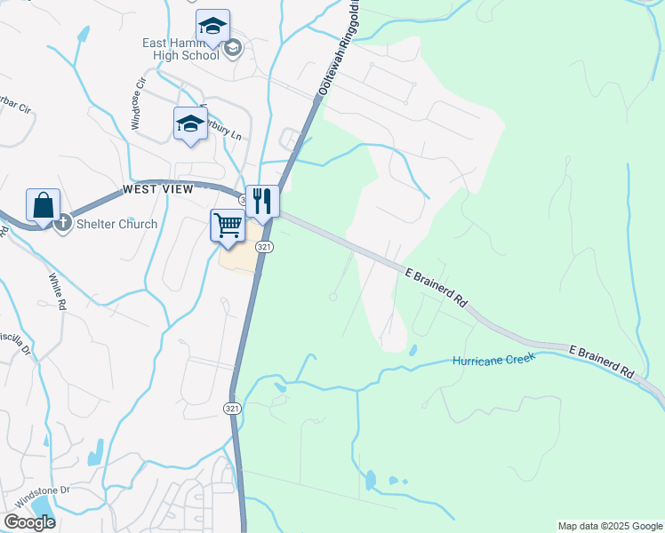 map of restaurants, bars, coffee shops, grocery stores, and more near 9734 East Brainerd Road in Ooltewah