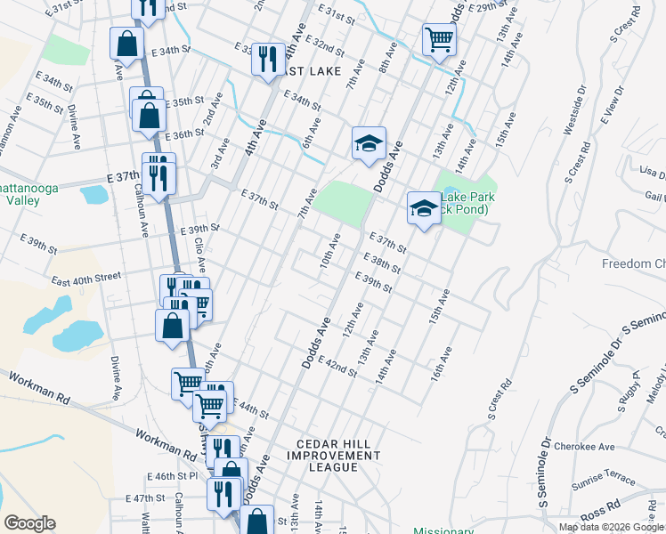 map of restaurants, bars, coffee shops, grocery stores, and more near 3806 10th Avenue in Chattanooga