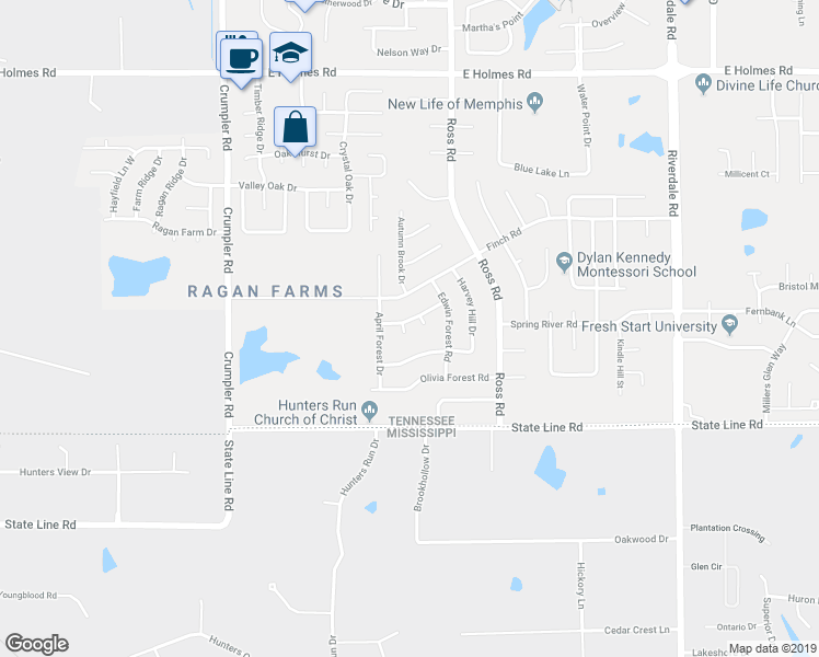 map of restaurants, bars, coffee shops, grocery stores, and more near 6672 Cindy Lynn Lane in Memphis