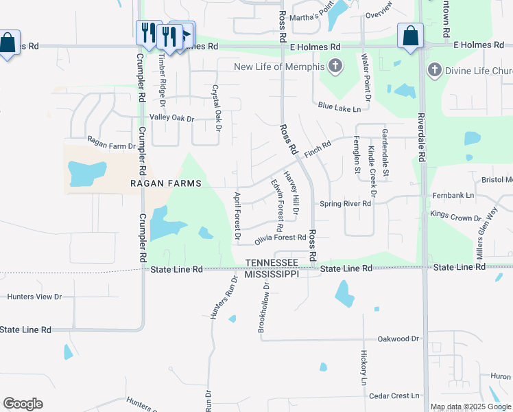 map of restaurants, bars, coffee shops, grocery stores, and more near 6657 Cindy Lynn Lane in Memphis