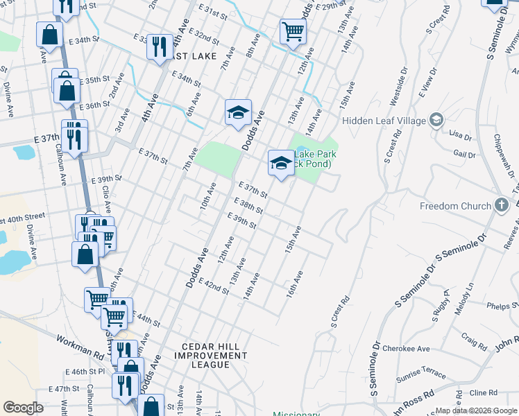 map of restaurants, bars, coffee shops, grocery stores, and more near 2904 East 37th Street in Chattanooga