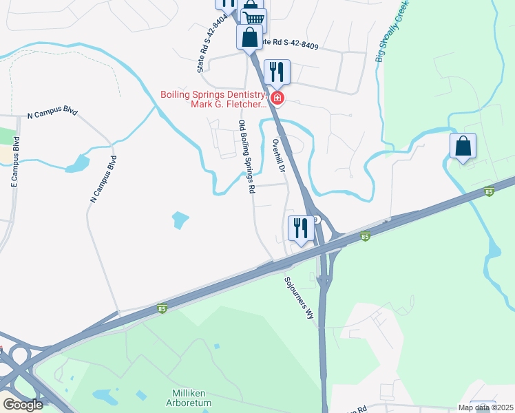 map of restaurants, bars, coffee shops, grocery stores, and more near 342 Old Boiling Springs Road in Spartanburg