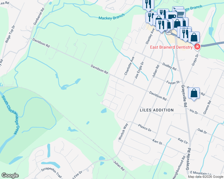 map of restaurants, bars, coffee shops, grocery stores, and more near 367 Callaway Court in Chattanooga