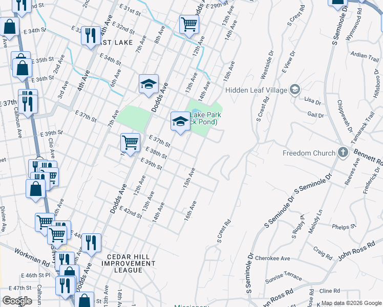 map of restaurants, bars, coffee shops, grocery stores, and more near 3615 15th Avenue in Chattanooga