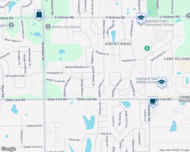 map of restaurants, bars, coffee shops, grocery stores, and more near 5512 Brook Shade Lane in Memphis