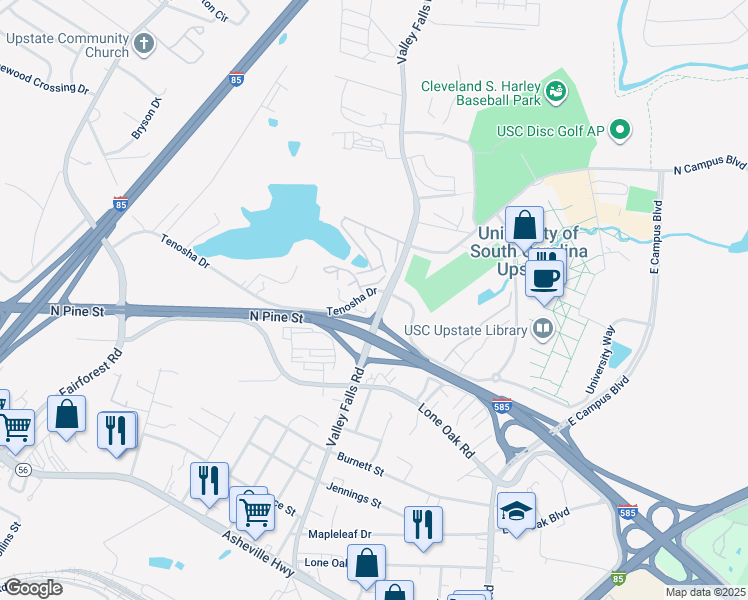 map of restaurants, bars, coffee shops, grocery stores, and more near 520 Tenosha Drive in Spartanburg