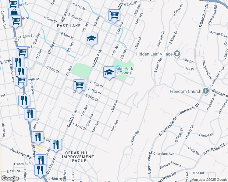 map of restaurants, bars, coffee shops, grocery stores, and more near 3616 14th Avenue in Chattanooga