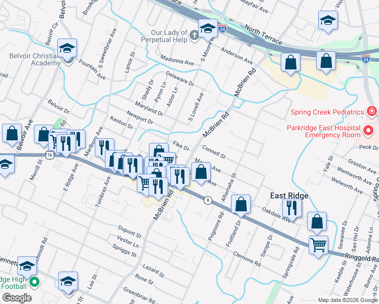 map of restaurants, bars, coffee shops, grocery stores, and more near 1400 Choate Road in Chattanooga