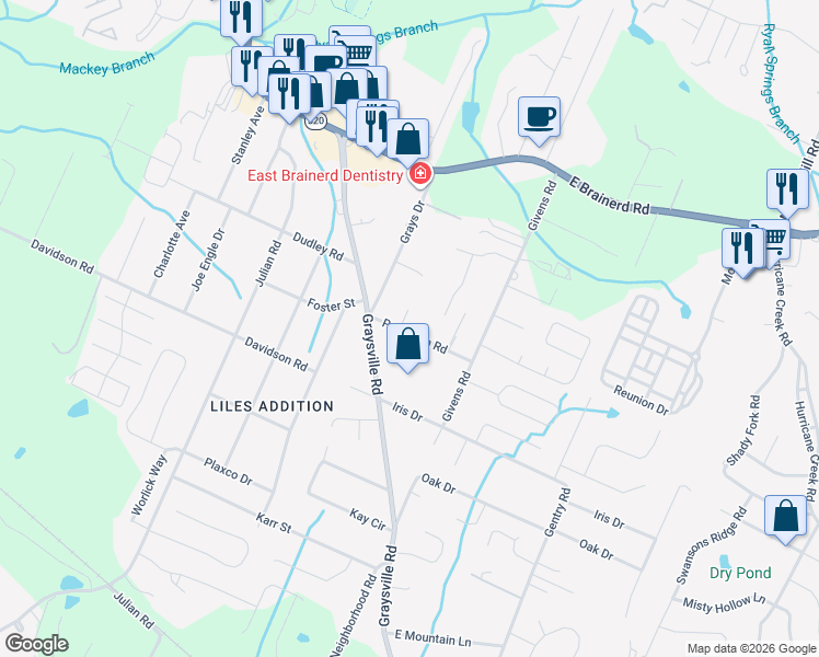 map of restaurants, bars, coffee shops, grocery stores, and more near 1005 Grey Oaks Lane in Chattanooga