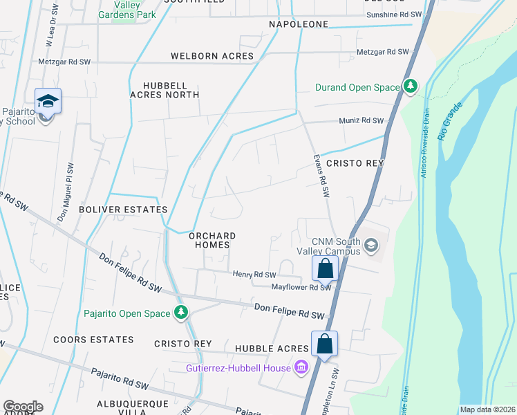 map of restaurants, bars, coffee shops, grocery stores, and more near 2248 Muniz Lane Southwest in Albuquerque