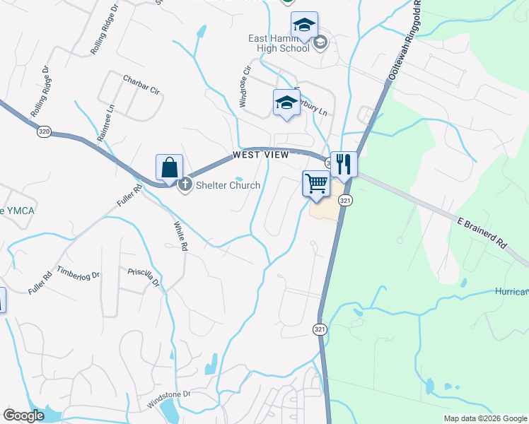 map of restaurants, bars, coffee shops, grocery stores, and more near 1565 Buttonwood Loop in Chattanooga