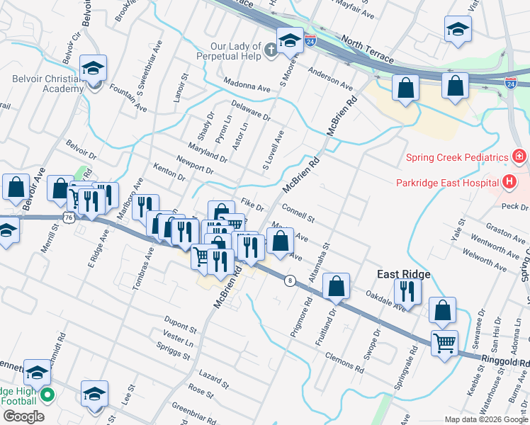map of restaurants, bars, coffee shops, grocery stores, and more near 1400 Choate Road in Chattanooga