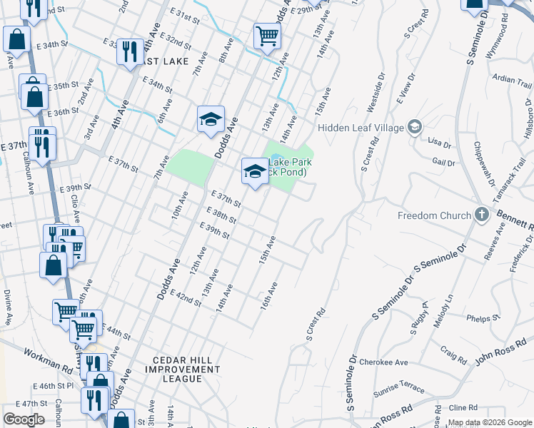 map of restaurants, bars, coffee shops, grocery stores, and more near 3616 14th Avenue in Chattanooga
