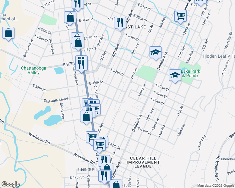 map of restaurants, bars, coffee shops, grocery stores, and more near 3902 6th Avenue in Chattanooga