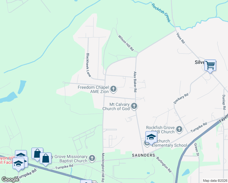 map of restaurants, bars, coffee shops, grocery stores, and more near 270 New Freedom Church Road in Raeford