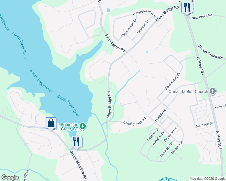 map of restaurants, bars, coffee shops, grocery stores, and more near 2361 Mays Bridge Road in Greer