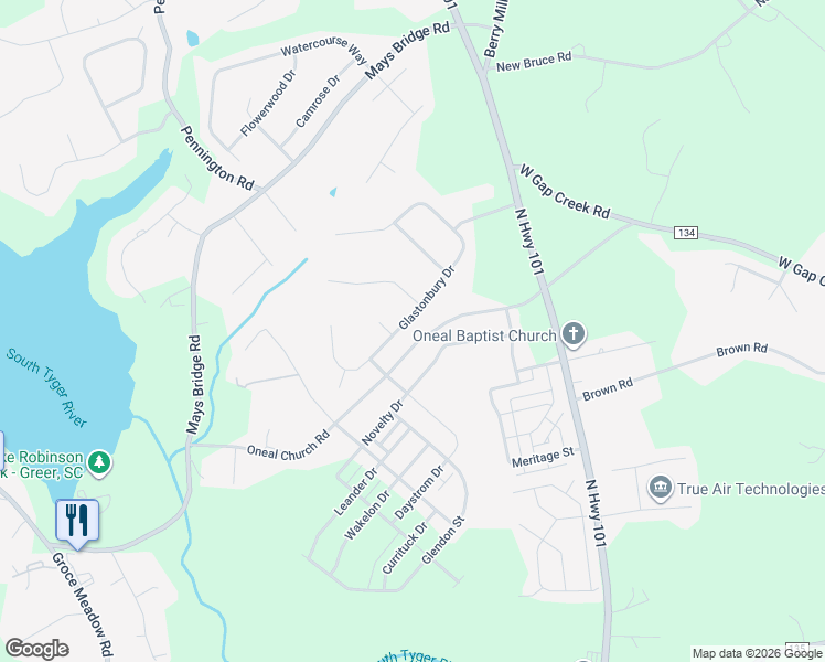 map of restaurants, bars, coffee shops, grocery stores, and more near 313 Glastonbury Drive in Greer
