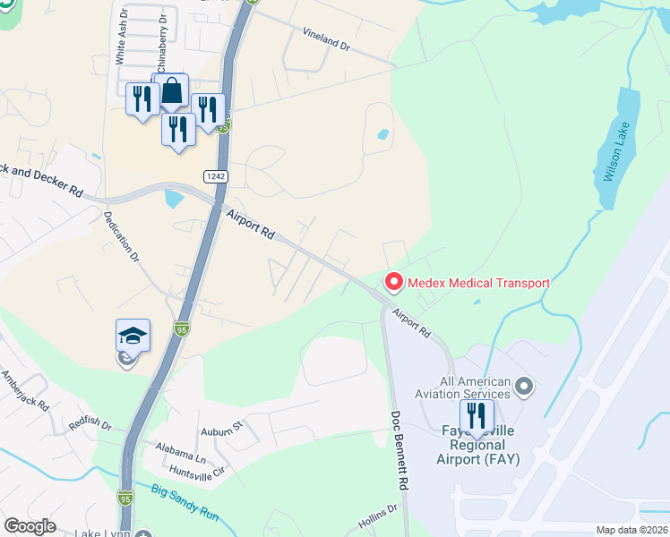 map of restaurants, bars, coffee shops, grocery stores, and more near 171 Airport Road in Fayetteville