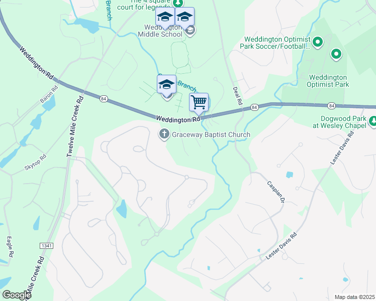 map of restaurants, bars, coffee shops, grocery stores, and more near 7118 Weddington Brook Drive in Weddington