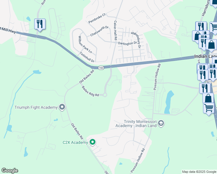 map of restaurants, bars, coffee shops, grocery stores, and more near 8024 Calvin Hall Road in Fort Mill
