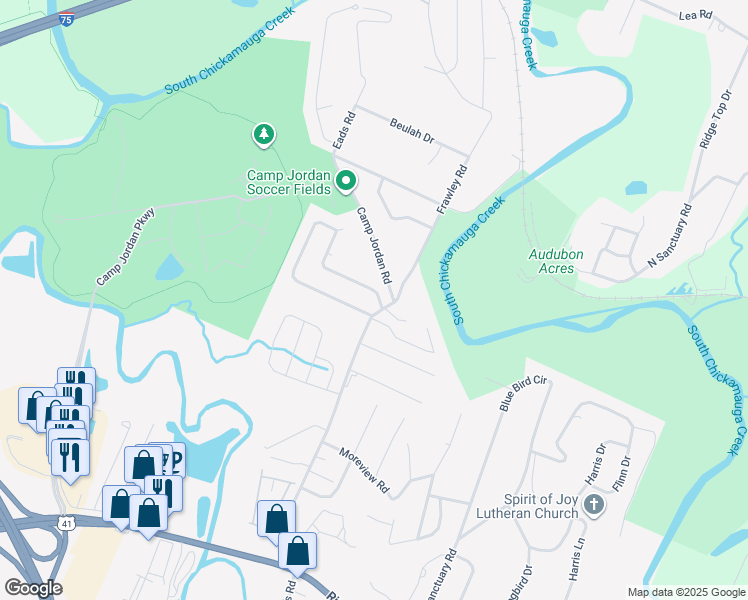 map of restaurants, bars, coffee shops, grocery stores, and more near 304 Cedar Glen Circle in East Ridge