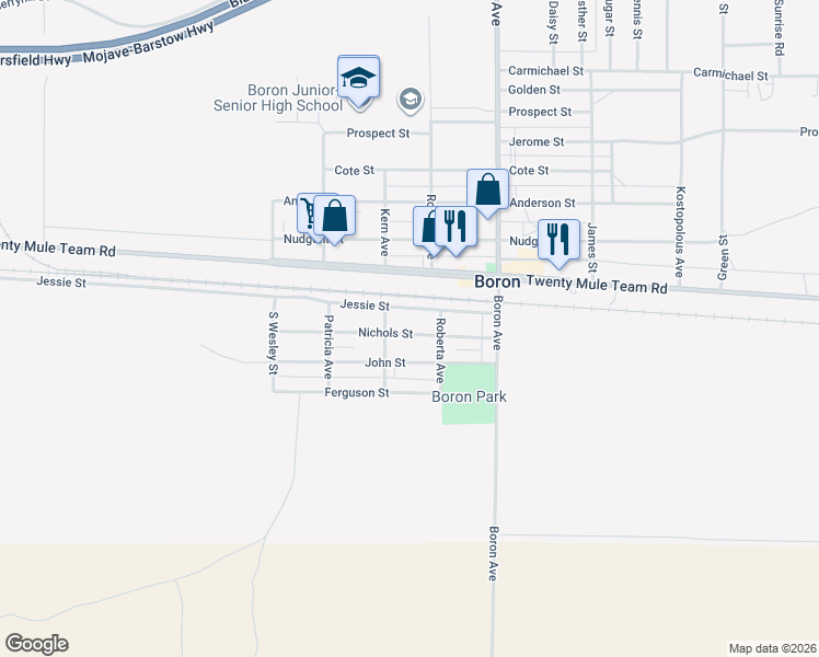 map of restaurants, bars, coffee shops, grocery stores, and more near 26849 Nichols Street in Boron
